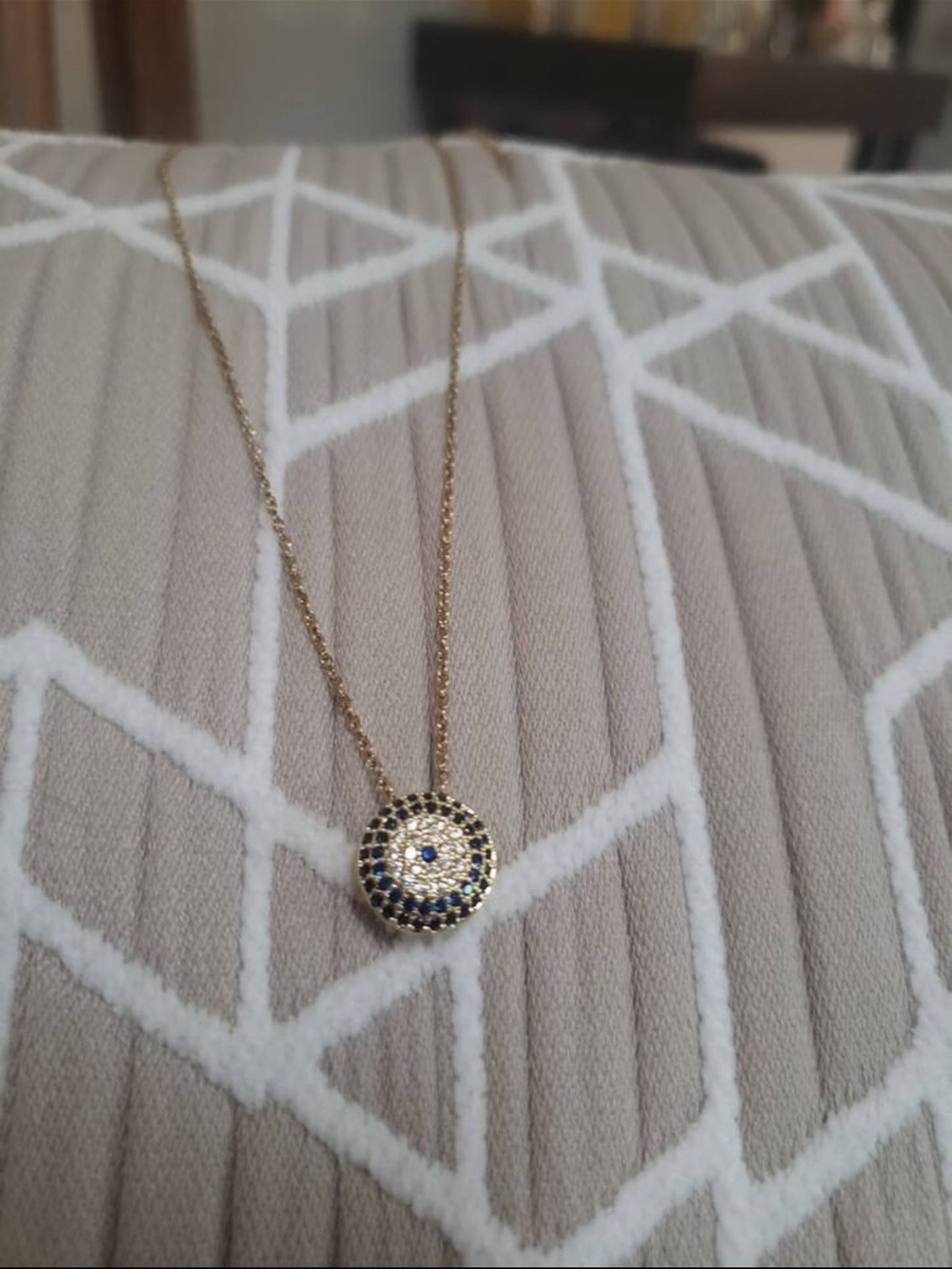 Gold Circle Pavé Necklace with Blue and Clear Stones - Picture 3 of 3